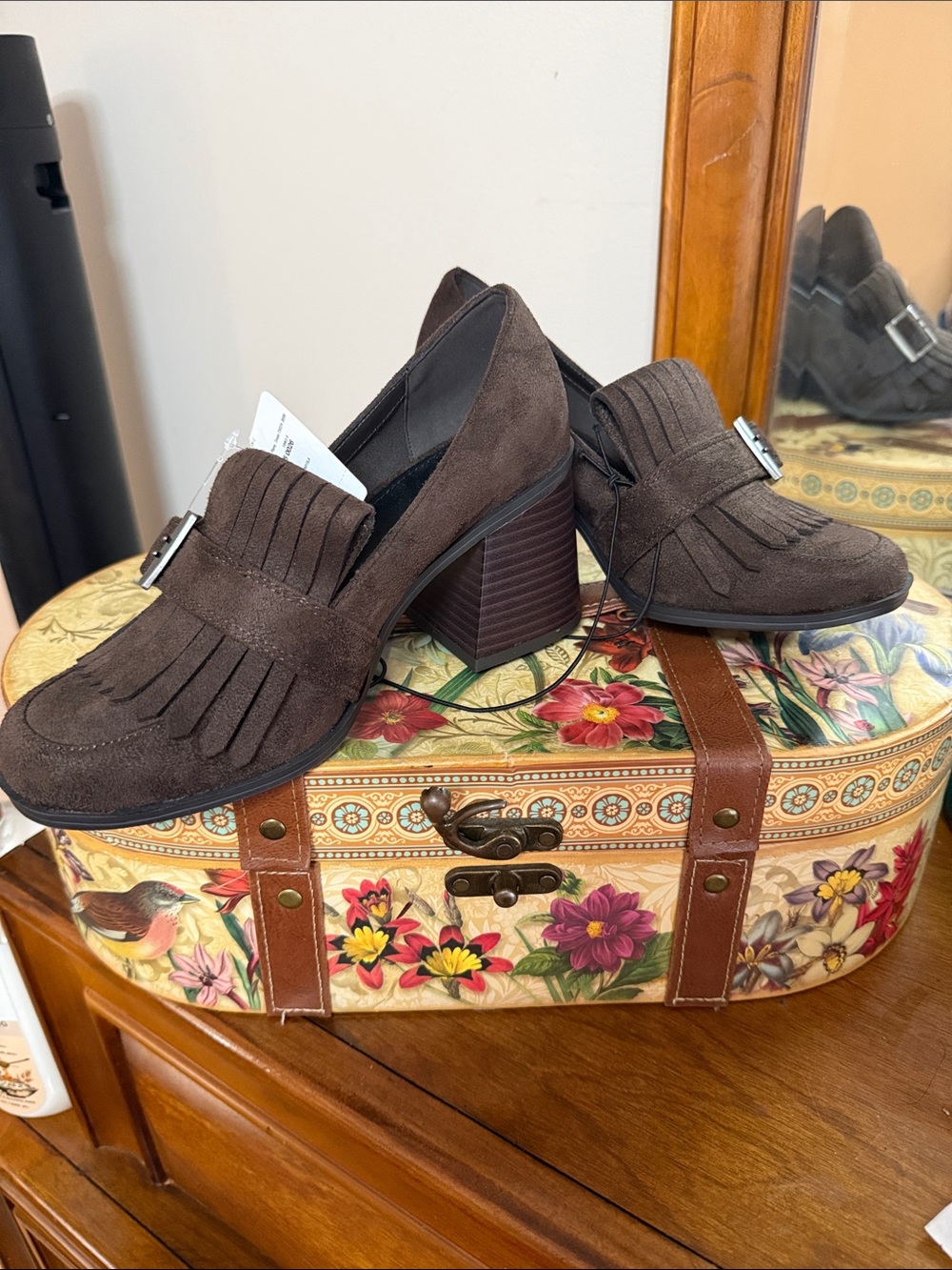 a.n.a Brown Suede Fringe Block Heel Loafers